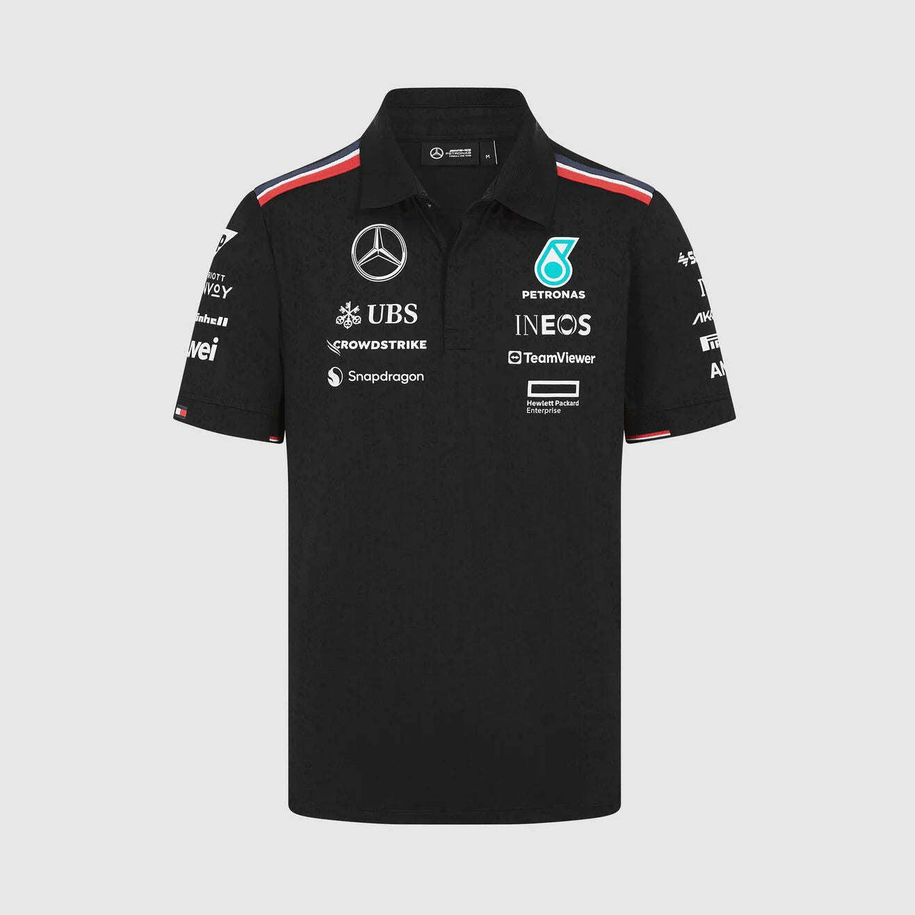 Black polo shirt with various brand logos on a light gray background