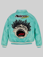 Turquoise jacket with a graphic design on the back against a gray background