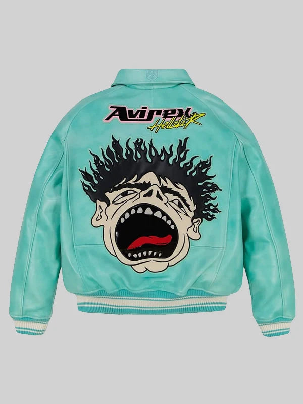 Turquoise jacket with a graphic design on the back against a gray background