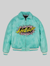 Turquoise jacket with colorful graphic design on a gray background