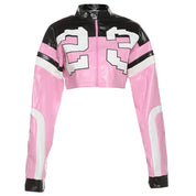 Vintage Cropped PU Leather Racing Jacket for Women