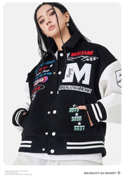 "M" Green and Black Retro Embroidered Baseball Jacket