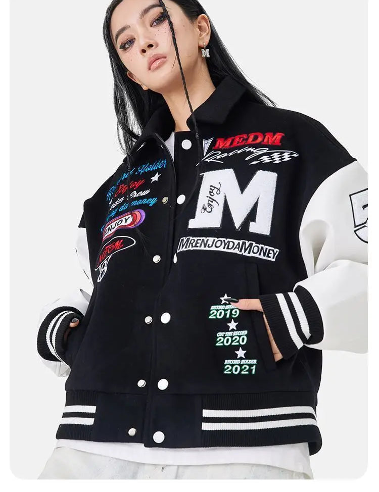 "M" Green and Black Retro Embroidered Baseball Jacket