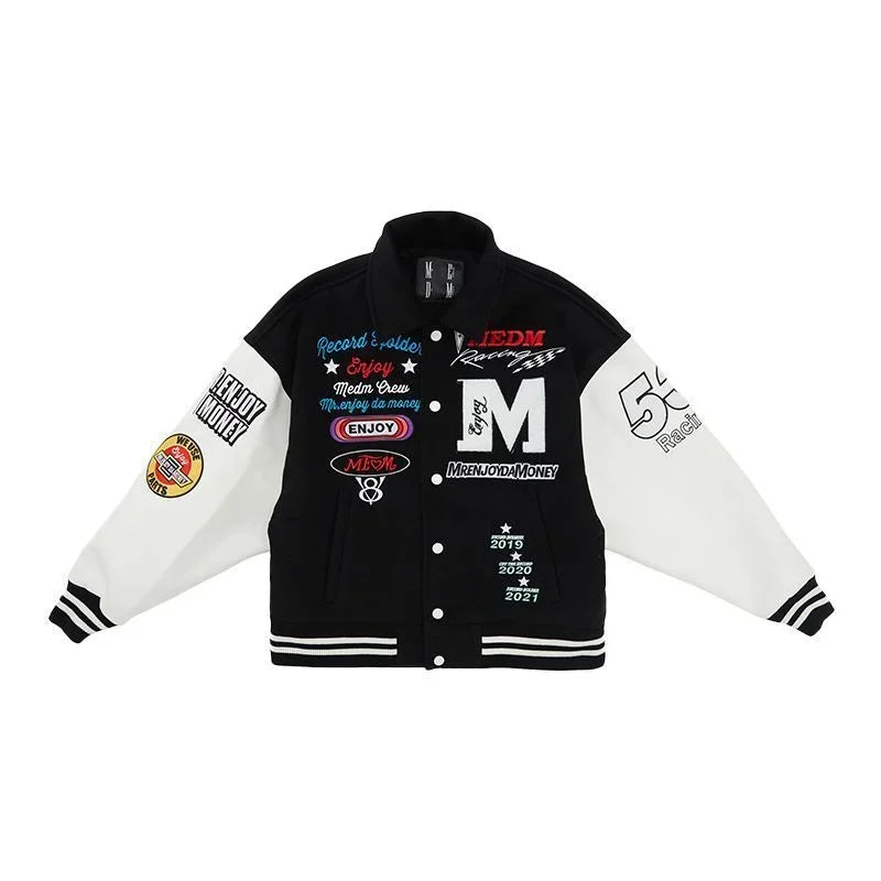 "M" Green and Black Retro Embroidered Baseball Jacket