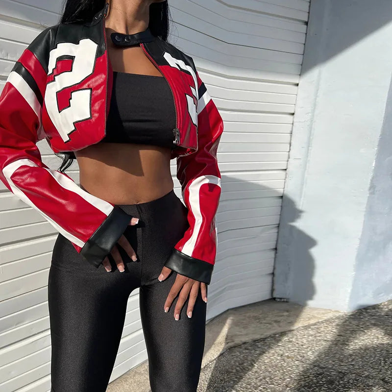 Vintage Cropped PU Leather Racing Jacket for Women