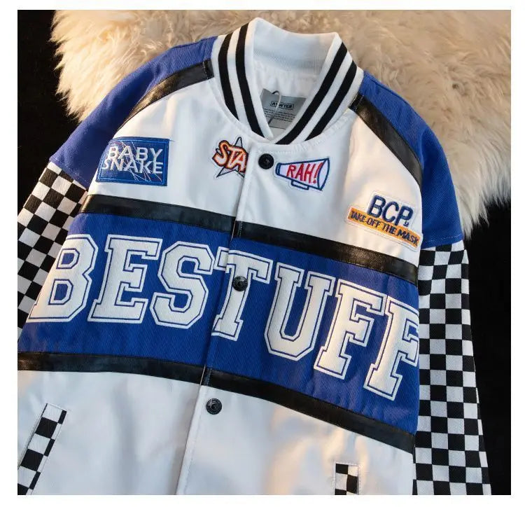 High-Quality Racing Suit Varsity Blue-White Finish Flag Jacket Men