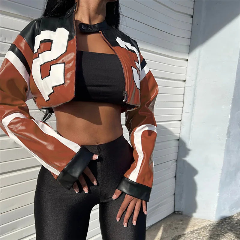 Vintage Cropped PU Leather Racing Jacket for Women