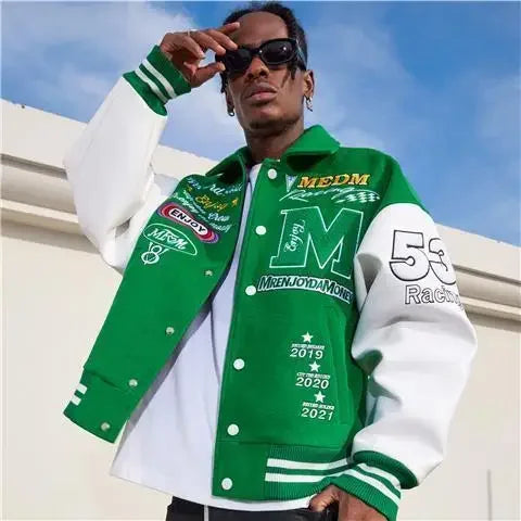 "M" Green and Black Retro Embroidered Baseball Jacket