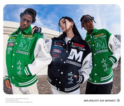 "M" Green and Black Retro Embroidered Baseball Jacket