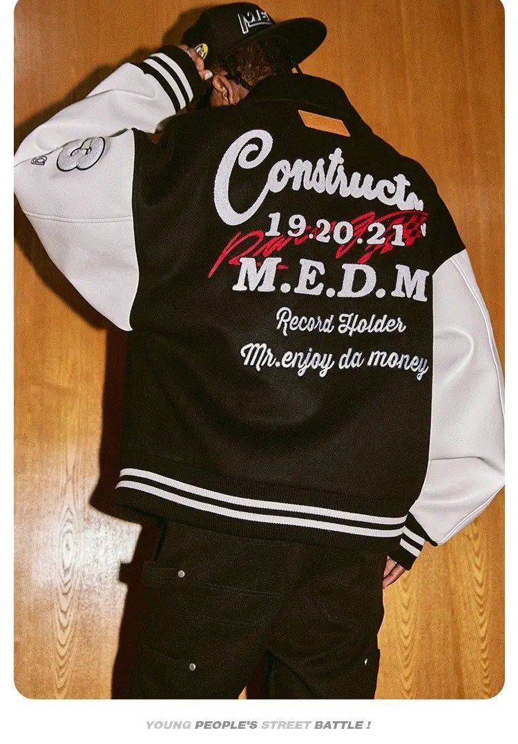 "M" Green and Black Retro Embroidered Baseball Jacket