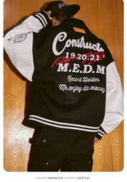 "M" Green and Black Retro Embroidered Baseball Jacket