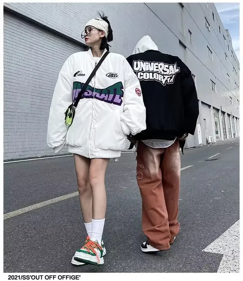 Black-White Unskate Autumn Oversized Varsity Bomber Jacket Women