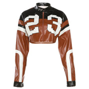 Vintage Cropped PU Leather Racing Jacket for Women