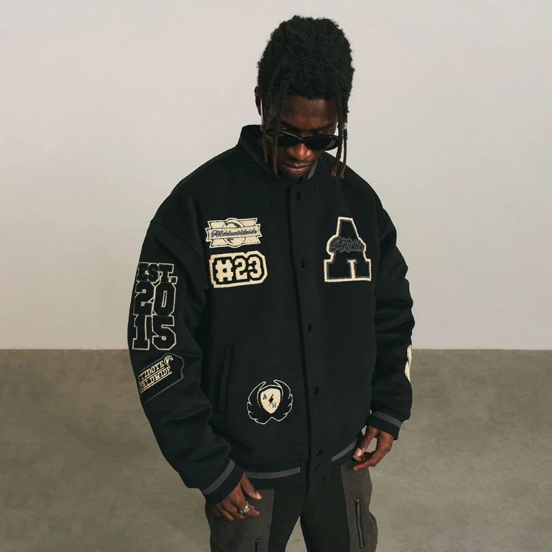 Black "A" Y2K Embroidered Hip-Hop Baseball Jacket