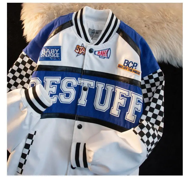 High-Quality Racing Suit Varsity Blue-White Finish Flag Jacket Men