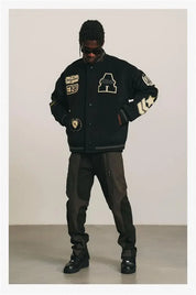 Black "A" Y2K Embroidered Hip-Hop Baseball Jacket