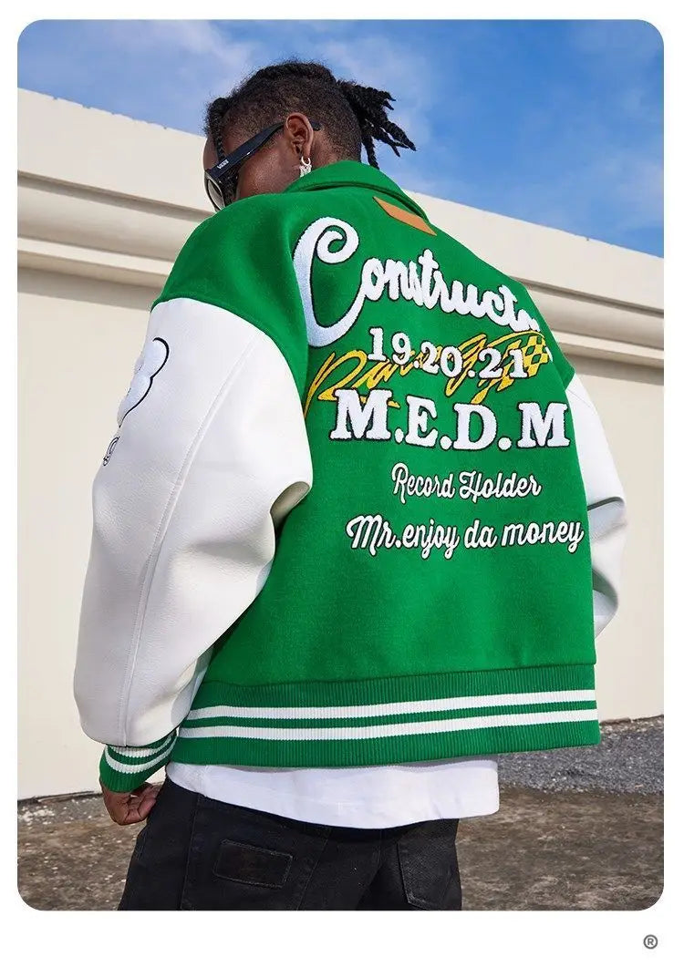 "M" Green and Black Retro Embroidered Baseball Jacket