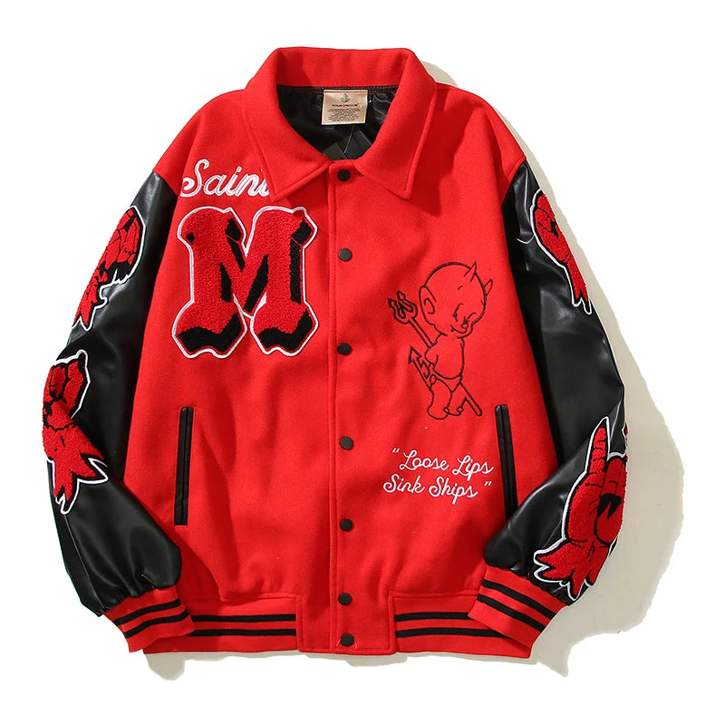 High Street Red "M" PU Leather Varsity Jacket