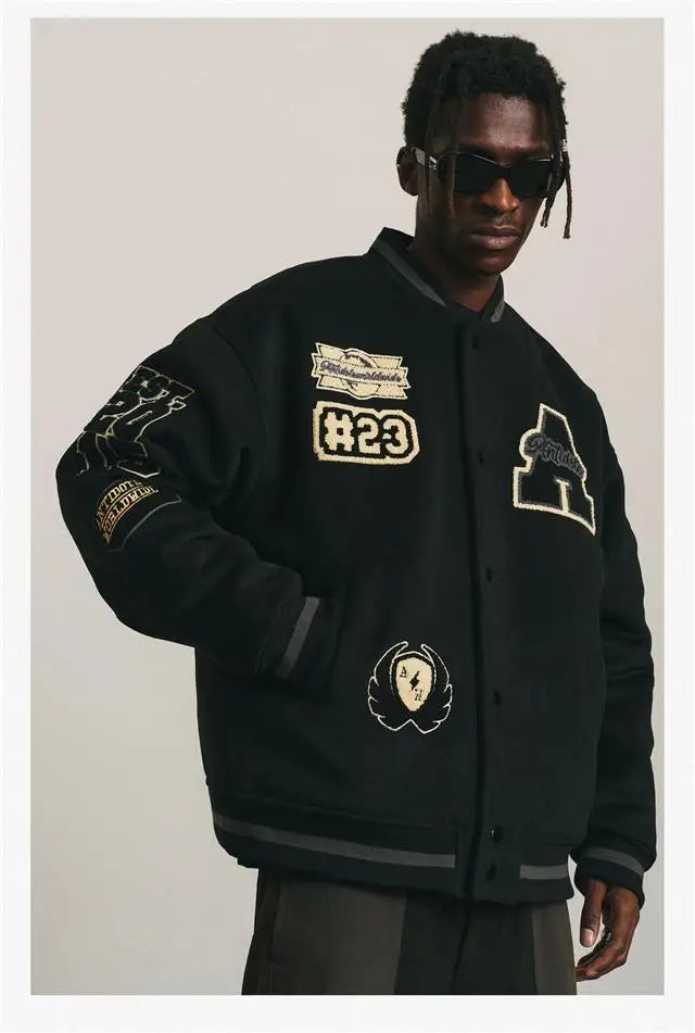 Black "A" Y2K Embroidered Hip-Hop Baseball Jacket