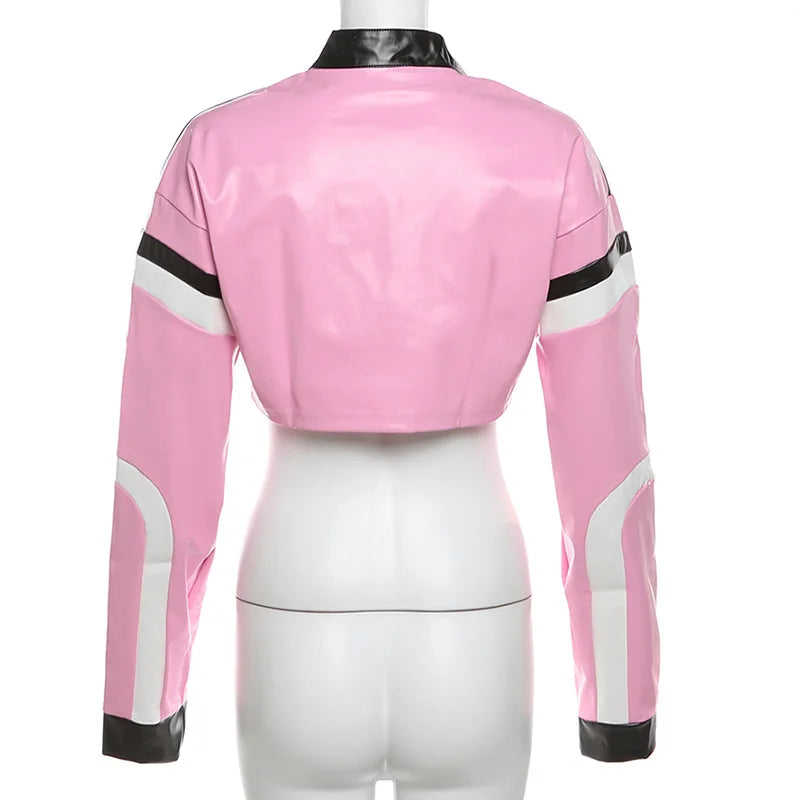 Vintage Cropped PU Leather Racing Jacket for Women