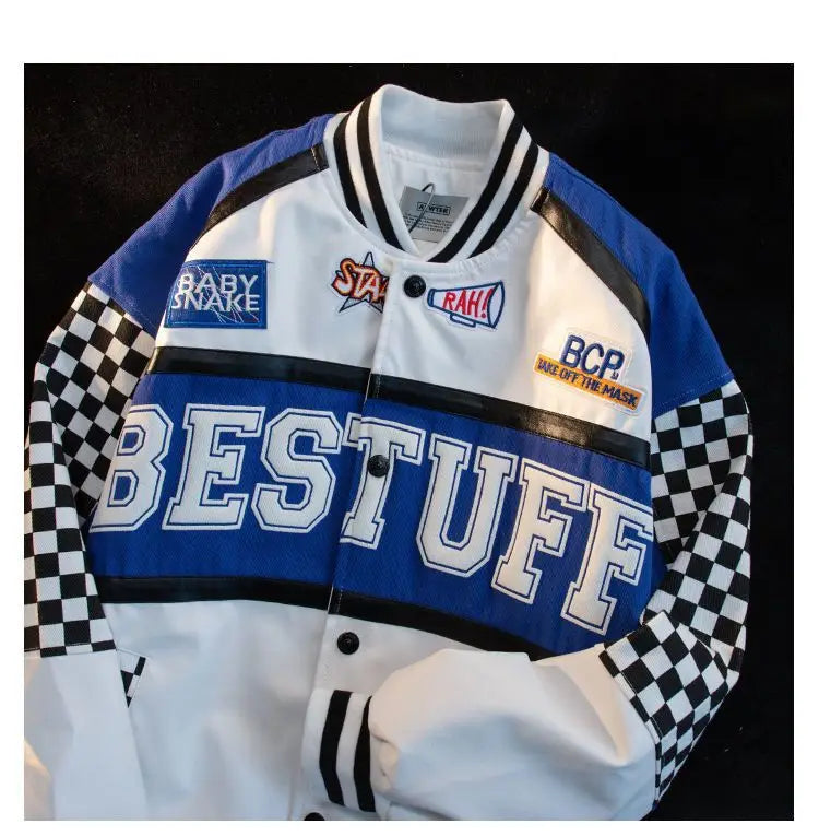 High-Quality Racing Suit Varsity Blue-White Finish Flag Jacket Men