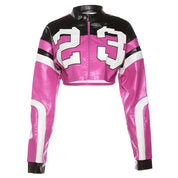 Vintage Cropped PU Leather Racing Jacket for Women