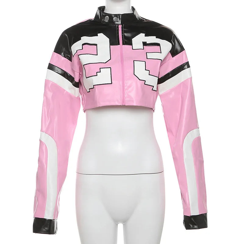 Vintage Cropped PU Leather Racing Jacket for Women