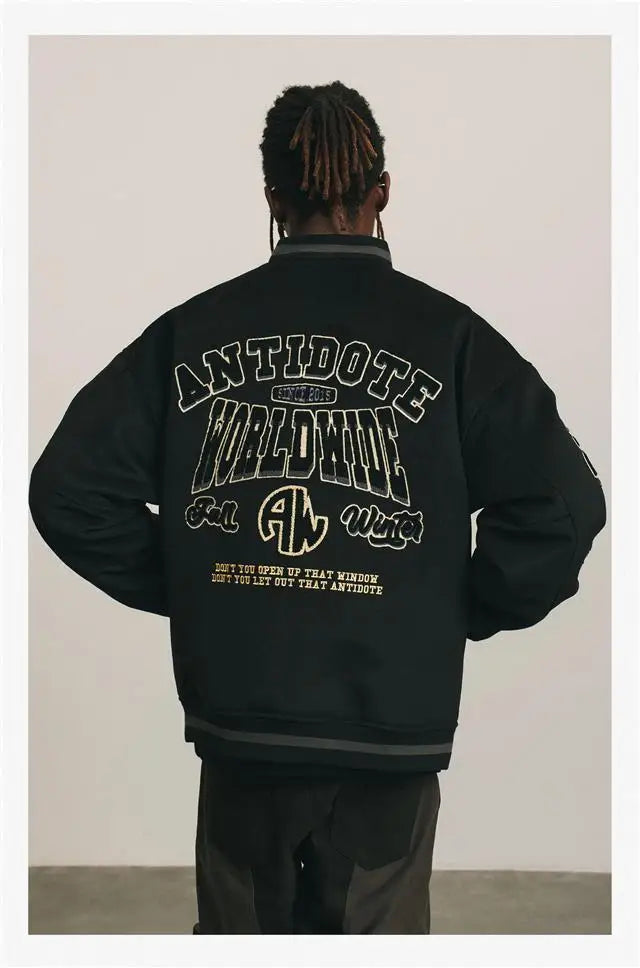 Black "A" Y2K Embroidered Hip-Hop Baseball Jacket