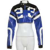 Vintage Cropped PU Leather Racing Jacket for Women