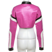 Vintage Cropped PU Leather Racing Jacket for Women