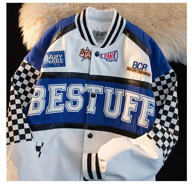 High-Quality Racing Suit Varsity Blue-White Finish Flag Jacket Men