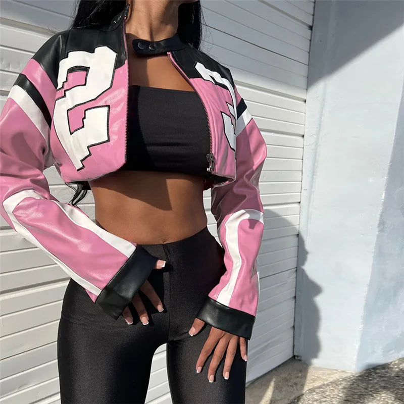 Vintage Cropped PU Leather Racing Jacket for Women