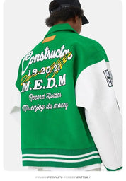 "M" Green and Black Retro Embroidered Baseball Jacket