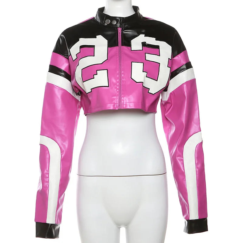 Vintage Cropped PU Leather Racing Jacket for Women