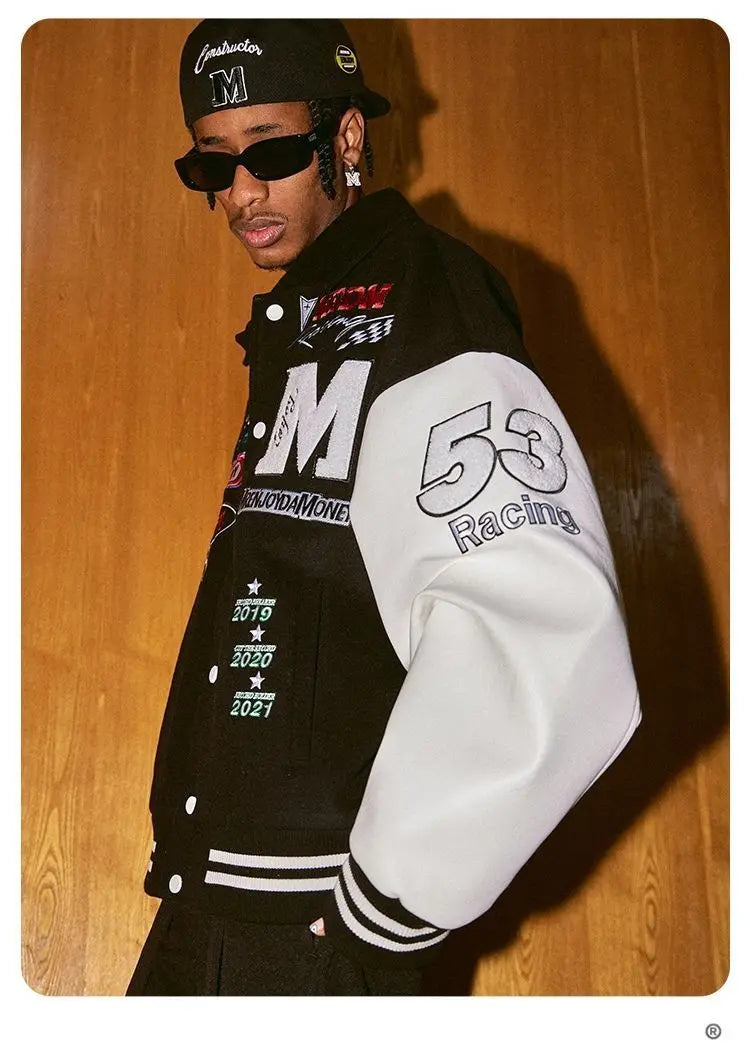 "M" Green and Black Retro Embroidered Baseball Jacket