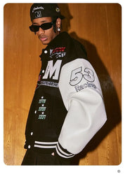 "M" Green and Black Retro Embroidered Baseball Jacket