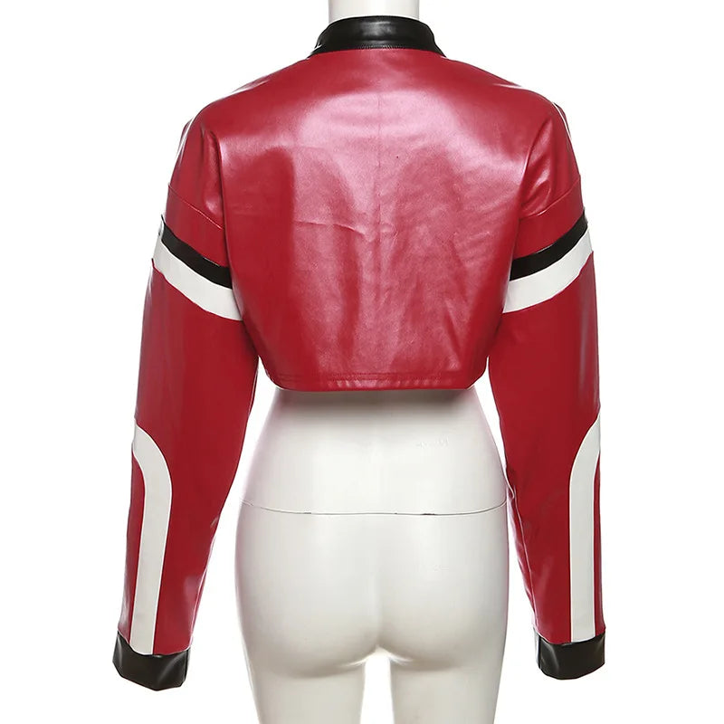 Vintage Cropped PU Leather Racing Jacket for Women