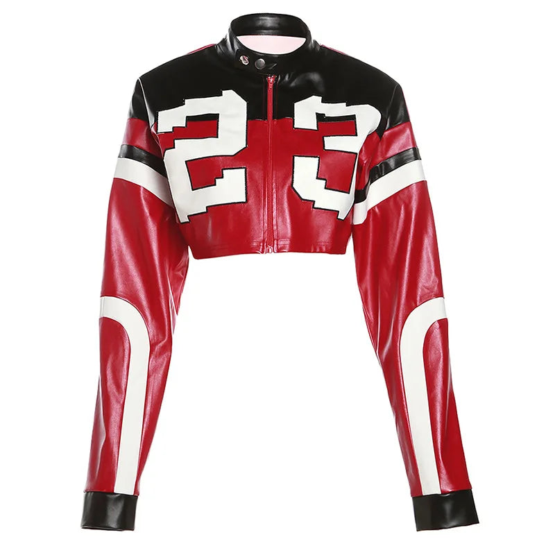 Vintage Cropped PU Leather Racing Jacket for Women