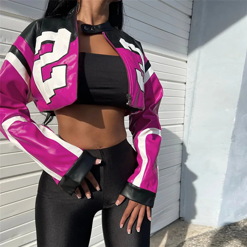 Vintage Cropped PU Leather Racing Jacket for Women