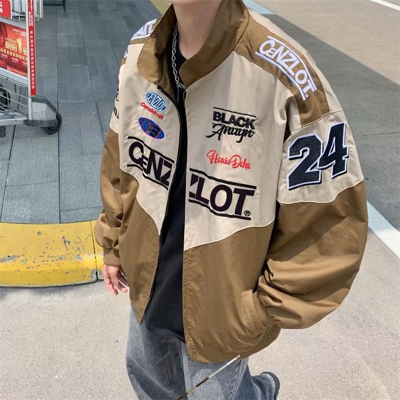 American CENZLOT Black-Brown Motorcycle Embroidered Baseball Jacket