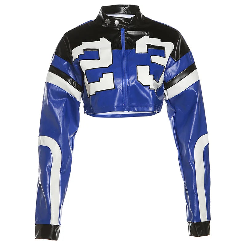 Vintage Cropped PU Leather Racing Jacket for Women