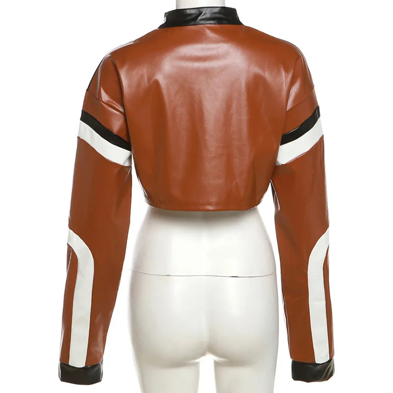 Vintage Cropped PU Leather Racing Jacket for Women