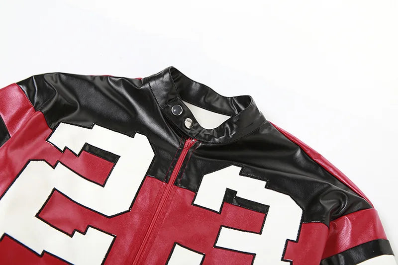 Vintage Cropped PU Leather Racing Jacket for Women