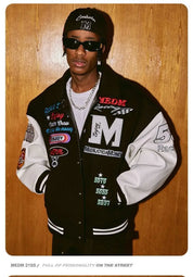 "M" Green and Black Retro Embroidered Baseball Jacket