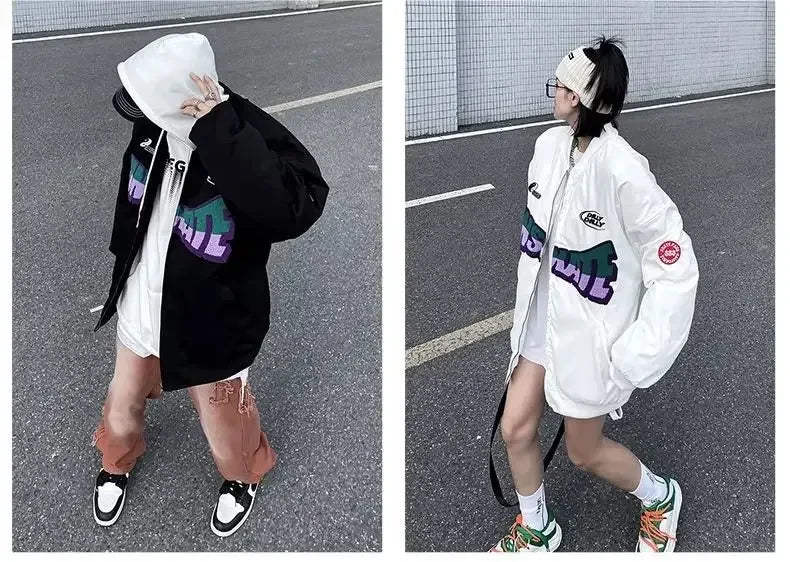 Black-White Unskate Autumn Oversized Varsity Bomber Jacket Women