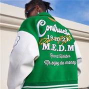 "M" Green and Black Retro Embroidered Baseball Jacket