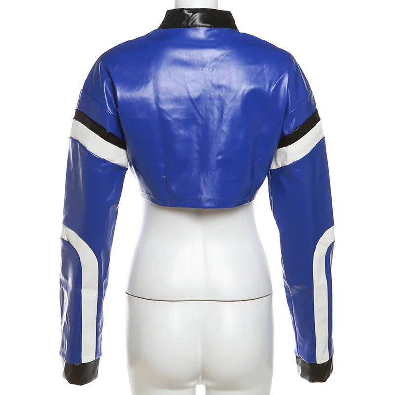 Vintage Cropped PU Leather Racing Jacket for Women