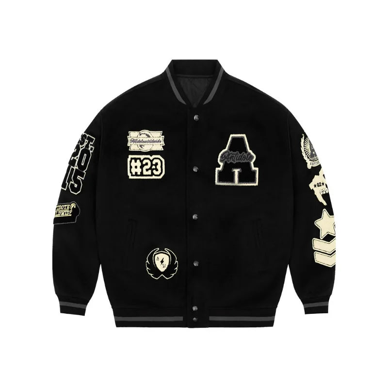 Black "A" Y2K Embroidered Hip-Hop Baseball Jacket