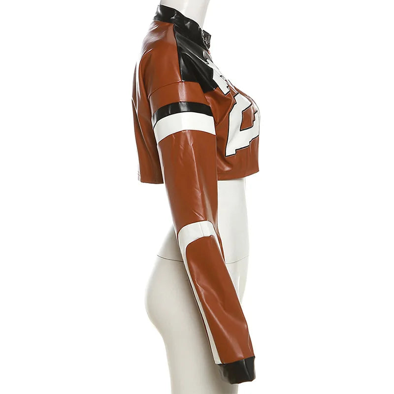 Vintage Cropped PU Leather Racing Jacket for Women