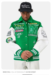 "M" Green and Black Retro Embroidered Baseball Jacket